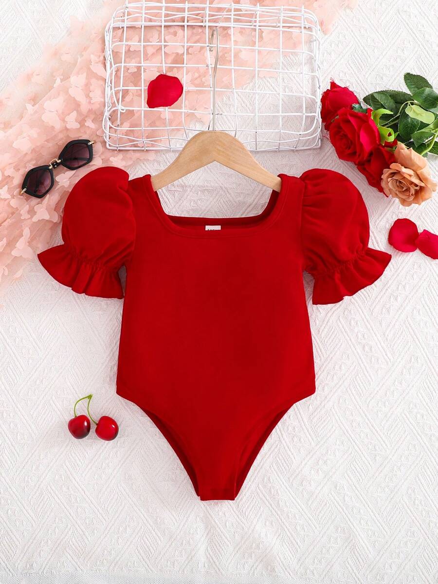 SHEIN Bộ đồ liền thân tay bồng cổ tròn đan màu trơn cho bé gái - Đỏ - Xem 1