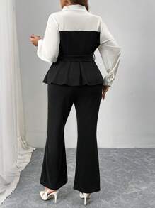 Elenzga Elegantes Business-Farbblockhemd- und Hosenanzug-Set - Schwarz und Weiss - Übersicht 2