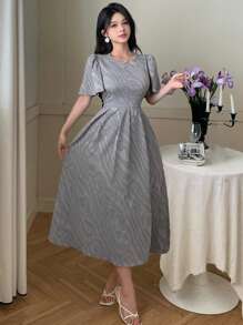 DAZY 女士优雅荷叶边袖 A 字中长连衣裙太阳裙，婚礼礼服 - 藍色 - 查看 7