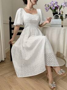 DAZY 女士方领荷叶边袖褶饰中长连衣裙