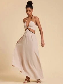 Travachic 女式露背吊带裙，休闲度假风格，女士度假装，度假背心裙，海滩度假装，热带度假女装，女士夏季装，背心裙，女士休闲连衣裙，女士度假装 - 杏色 - 查看 5