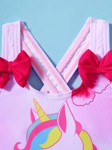 SHEIN Baby Girl Cute Knitted Cartoon Pattern Bow One-Piece Swimsuit, Summer One-Piece Bathing Suit