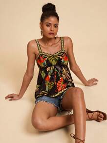 SHEIN TRVLCHIC 女士度假腰带编织热带印花吊带背心 - 黑色 - 查看 6