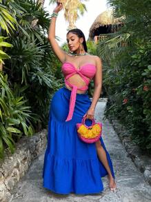 SHEIN SXY Jupe Femmes Couleur Unie Froncée Fendue Style Minimaliste A-Line, Décontractée et Vacances