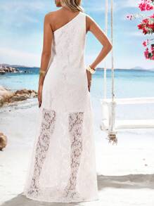 SHEIN VCAY Đầm Maxi Ren Trơn Một Vai Thanh Lịch Cho Nữ - trắng - Xem 2