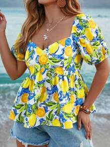 SHEIN VCAY Blusa con estampado de limón, escote en forma de corazón y mangas de farol para mujer talla grande, estilo bohemio, ideal para vacaciones de verano y primavera en la playa