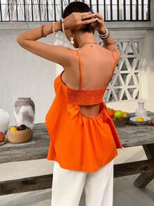 SHEIN VCAY Women Summer Orange Solid Color Backless Top Ruffled Cutout Top Valentine's Day Vacation Top Summer Top For Vacation & Casual Wear Ruffled Top. This Too Is Extremely Flattering And Looks Vacation Great Dressed Up Or Down - Burnt Orange - View 6