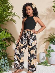 2pcs Tween Girls Black Round Neck Singlet Top With Graphic Leaf Print And Contrast Loose Pants Set - Multicolor - View 1
