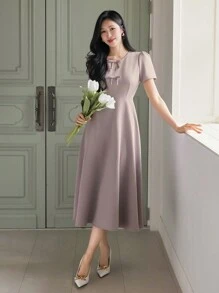 Wynsel Women's Short Sleeve V-Neck Bowknot Decor Dress Elegant Sundress