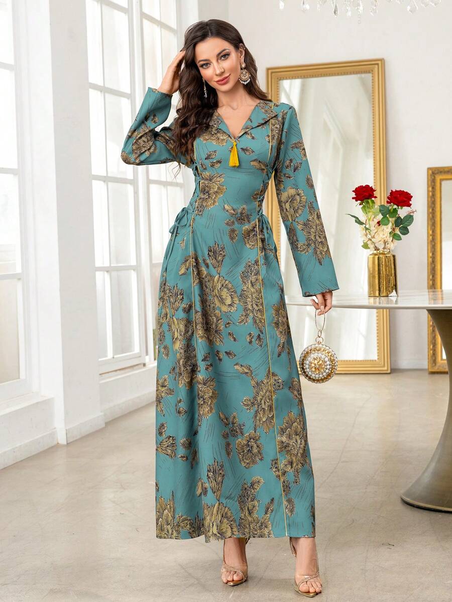 Al Najma 女式花卉印花拼布流苏长袖优雅阿拉伯连衣裙,优雅 A 字形 Jalabiya 阿拉伯连衣裙,适合晚会,端庄 - 藍色 - 查看 1