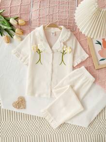 SHEIN Girls Pajamas 2pcs Set - Short Sleeve Top With Ruffle Decor & Long Pants, Minimalist Fashion Style For Young Girl - Apricot - View 6