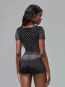SHEIN Unity Fashionable Sexy Polka Dot Print Twisted Cropped T-Shirt. Summer For Women - Black - View 2