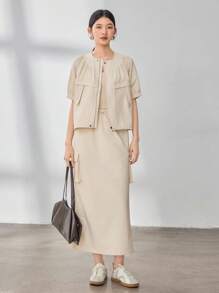 Dazy-Less 2 件套女士宽松休闲实用风格大口袋花卉荷叶边设计套装夏季复古风格商务休闲女装、教师装 - 杏色 - 查看 3