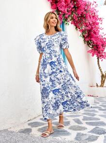 Vivid Eden Woven Print Short Sleeve Fitted Women's Mid-Calf Dress,Pastel Dresses For Women,Vacation Style - Blue and White - View 6