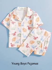 男童两件套阻燃恐龙图案休闲短袖衬衫和裤子睡衣套装 - 杏色 - 查看 5