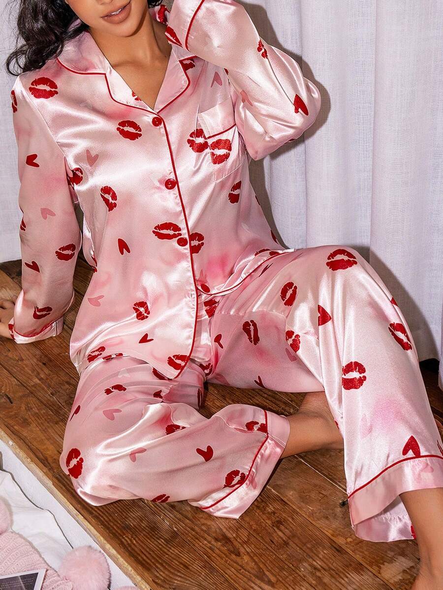 Imitation Silk Lips & Heart Pattern Cardigan & Pants Valentine's Day Pajama Set - Multicolor - View 1