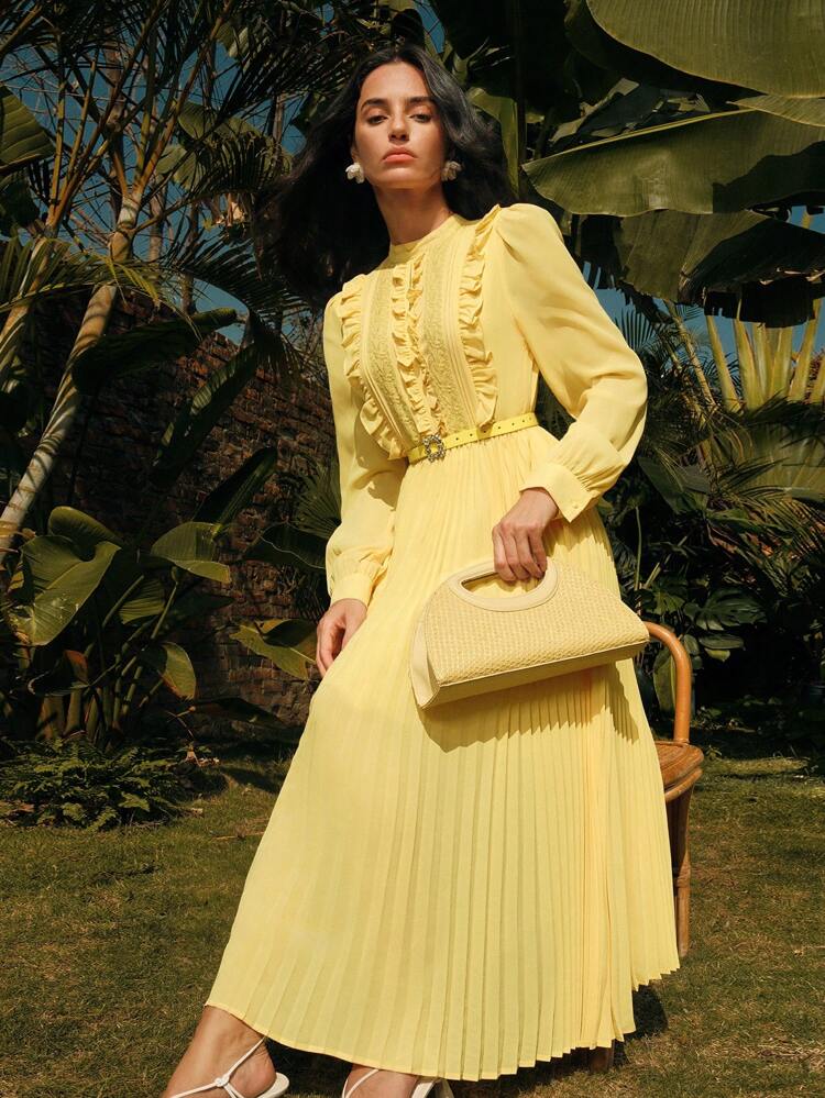 Vestido Midi Elegante de Manga Longa com Gola Modesta, Babados, Retalhos e Pregas, Romântico para Encontros à Noite, Looks de Primavera para Mulheres