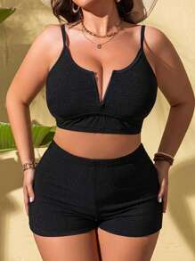 SHEIN Swim Curve 2pcs Plus Size Women's Solid Black Textured Fabric Notched Neck Camisole Top And Bottoms Set, Minimalist & Fashionable Casual Swimwear For Vacation, For Summer Beach
