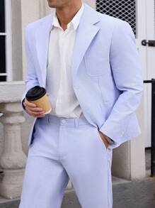 Manfinity Mode 男士缺口领长袖浅蓝色条纹西装套装（含夹克和裤子） - 淺藍色 - 查看 1