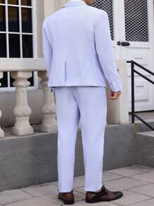 Manfinity Mode 男士缺口领长袖浅蓝色条纹西装套装（含夹克和裤子） - 淺藍色 - 查看 2