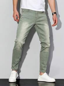 Manfinity Homme Plus Size Men's Casual Distressed Tapered Fit Jeans - Army Green - View 4