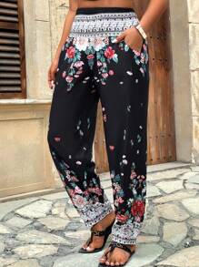 Breezaya 大码女式夏季度假彩色花卉印花宽松抽绳腰部慢跑裤，带侧袋