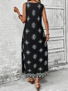 EMERY ROSE 女式复古花卉印花长款休闲连衣裙，夏季 - 黑與白 - 查看 2