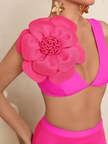 Swim Oasis Women 3D Floral Decor Bikini Top And Bottom Bikini Swimwear Set With Skirt, For Summer Beach Vacation - Hot Pink - View 6