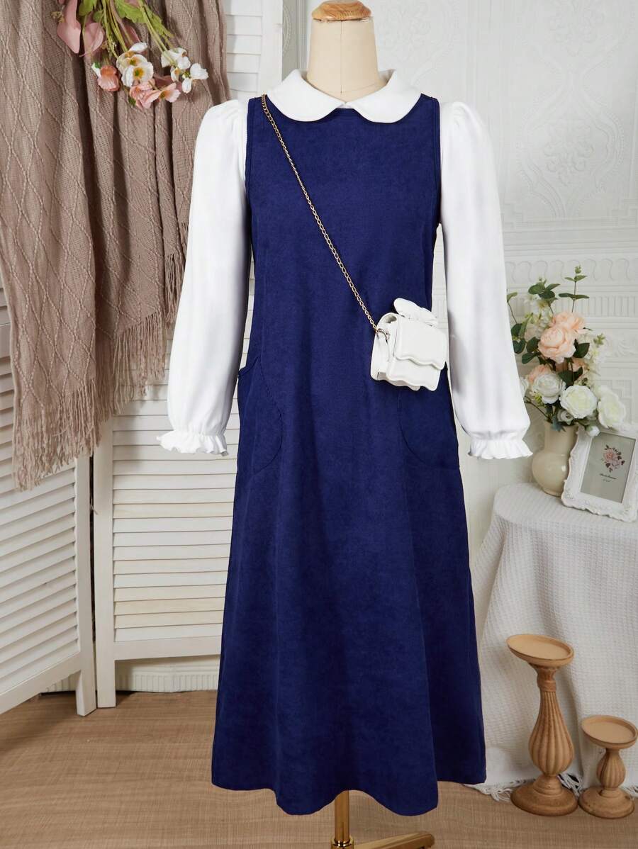 Set de 2 piezas: Blusa de manga larga con cuello y vestido para niñas preadolescentes - Azul Marino - Ver 1