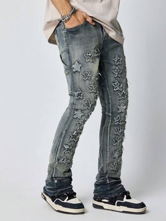 Grunge Punk Men's Denim Skinny Jeans With Star Embroidery Pockets, Casual Pants