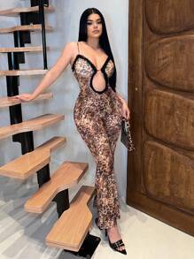 SHEIN SXY Women's Solid Color Splicing Spaghetti Strap Casual Slim Romper,Leopard Print,Club Outfits Women Sexy,Going Out,Gyaru,Spring,Summer - Multicolor - View 1