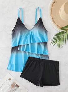 SHEIN Gradient Flounce Front Chest Ruffles Top And Shorts Tankini Set, Resort Style, For Summer Beach Vacation - Multicolor - View 3