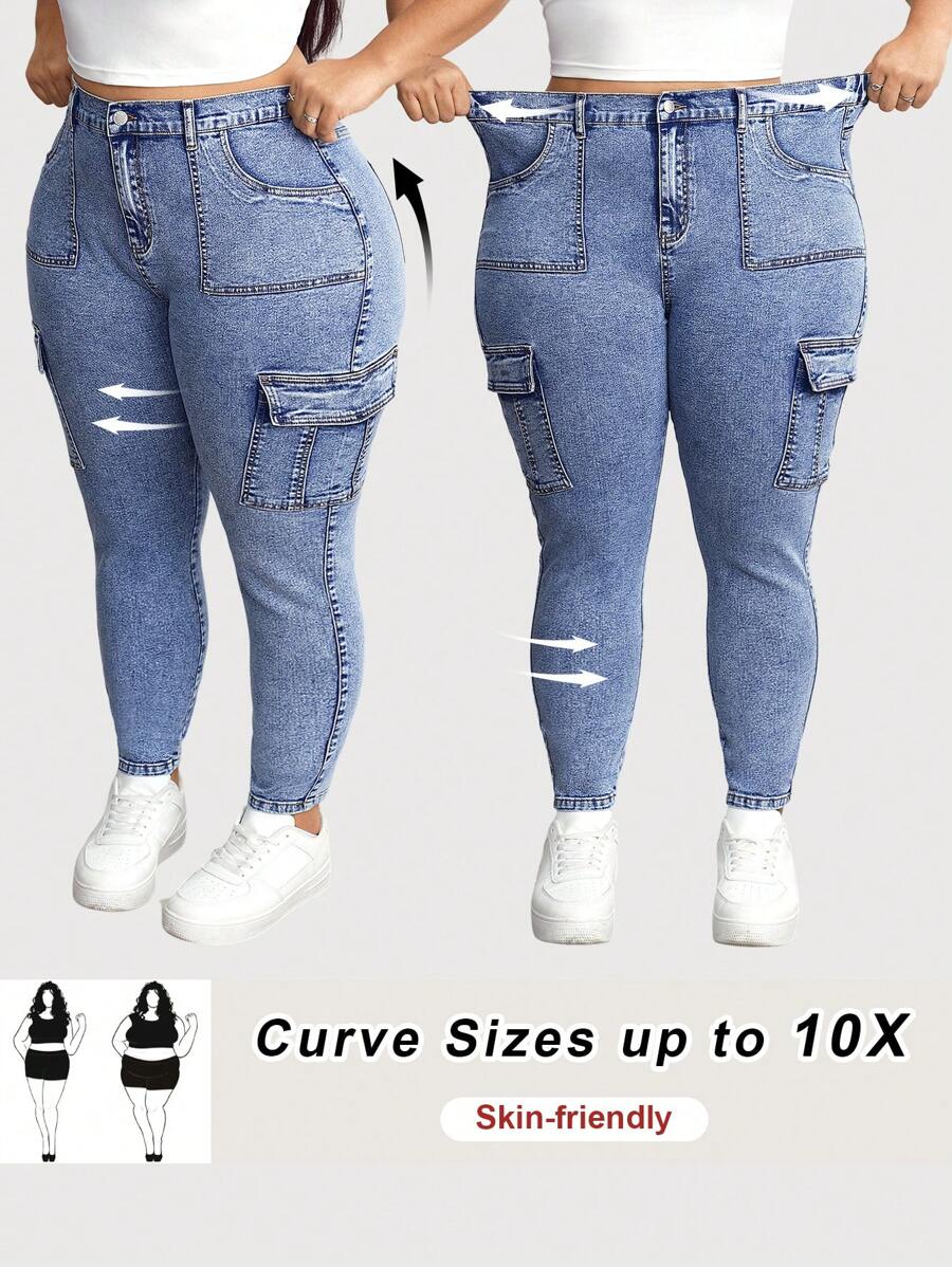 SHEIN CURVE+ Quần Jeans Skinny Lưng Cao Co Giãn Cỡ Lớn Có Túi Hộp, Mùa Hè - Màu xanh lam - Xem 1