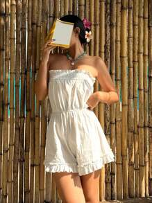 DAZY Women's Vacation Style Ruffle Trim Bandeau Romper With Cinched Waist Pajama - White - View 7