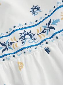 SHEIN MOD 女式休闲热带印花修身吊带收腰喇叭下摆细肩带连衣裙，波西米亚风，浪漫，春季，节日，热带，优雅，度假，飘逸，茶会，端庄，花卉服装女装 - 白色 - 查看 3