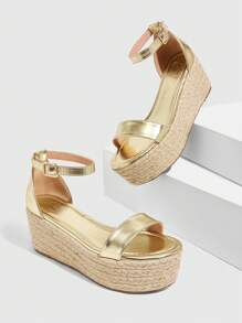 CUCCOO SZL Women's Stylish Gold Metallic Materials Strap Ankle Strap Jute Rope Platform Wedge Heel Sandals, Suitable For Commute, Dating, Party, Holiday - Gold - View 2