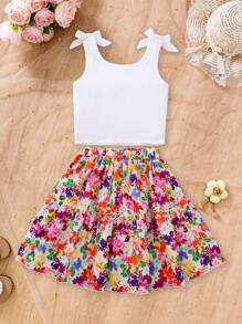 2件套女童白色蝴蝶结衬衫和花卉印花彩色裙子套装 - 彩色 - 查看 2
