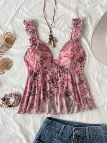 Soleia 女士度假复古佩斯利印花图案盖袖 V 领针织网眼不对称下摆修身背心，适合约会、下午茶、音乐节、西部度假、夏季装扮 - 彩色 - 查看 6