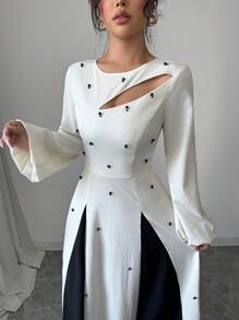 Modelyn 女士优雅双色拼接泡泡珠镂空腰部 A 字形连衣裙长款女装 - 杏色 - 查看 8