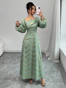 Modelyn Women's Elegant Gold Foil Print Lantern Sleeve Long Dress Fall Cloth For Women