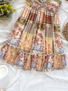 Soleia 大码女式度假彩色复古印花抽绳前后系带分层迷你连衣裙，音乐节服装 - 彩色 - 查看 5