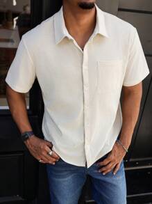 Manfinity Homme Plus Size Men's Casual Versatile Solid Color Short Sleeve Shirt - Apricot - View 3