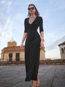 Maija Spring And Summer New Style Black Knitted V-Neck Lace-Up Sexy Women's Long Dress, Urban, Modern And Elegant, Daily Casual Commuting, Suitable For Going Out For Vacation, Party, Wedding And Date Wear