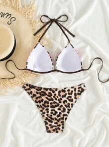 Swim SXY Springbreak Women's Leopard Print Halter Tie Side Bikini Set For Summer Beach Vacation - Multicolor - View 7