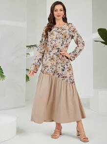 Lacomfia Women Contrast Panel Round Neck Loose Woven Printed Long Sleeve Dress - Multicolor - View 3