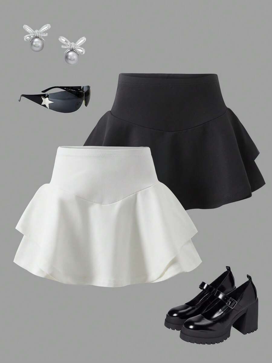 SHEIN Girlism Tween 女童休闲腰带简约风格短裤多件套 - 彩色 - 查看 1