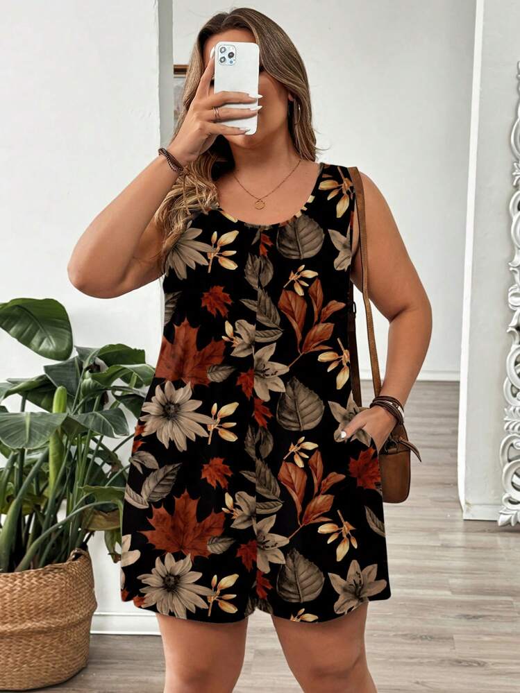 EMERY ROSE Macacão Casual Estampa de Folha Plus Size - Multicolorido - Visão 7