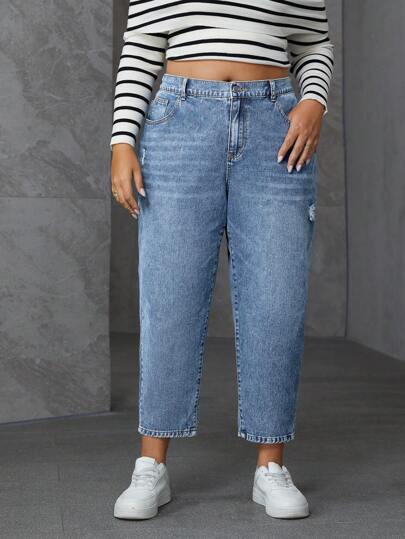 SHEIN Essnce 大码女式口袋破洞喇叭腿休闲牛仔裤