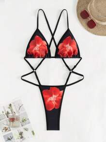 Swim Vcay Bestverkaufter blumenmusteriger, sexy Einteiler Badeanzug für Frauen, geeignet für Sommerurlaub am Strand, Pool, Hausparty, Musikfestival - Schwarz - Übersicht 1