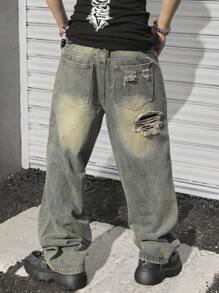 Manfinity EMRG Men's Pocket Distressed Wide Leg Loose Casual Fashionable Jeans - Light Wash - View 2